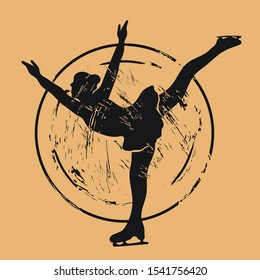 Figure skater silhouette icon vector round shabby emblem design, old retro style. Figure skating logo mail stamp isolated on craft paper. Vintage grunge sign. Winter sport round seal imitation.