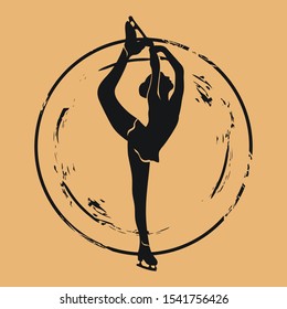 Figure skater silhouette icon vector round shabby emblem design, old retro style. Figure skating logo mail stamp isolated on craft paper. Vintage grunge sign. Winter sport round seal imitation.