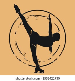 Figure skater silhouette icon vector round shabby emblem design, old retro style. Figure skating logo mail stamp isolated on craft paper. Vintage grunge sign. Winter sport round seal imitation.