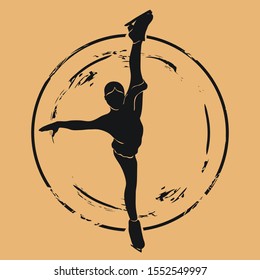 Figure skater silhouette icon vector round shabby emblem design, old retro style. Figure skating logo mail stamp isolated on craft paper. Vintage grunge sign. Winter sport round seal imitation.