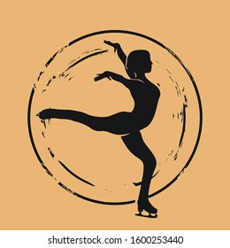 Figure skater silhouette icon vector round shabby emblem design, old retro style. Figure skating logo mail stamp isolated on craft paper. Vintage grunge sign. Winter sport round seal imitation.