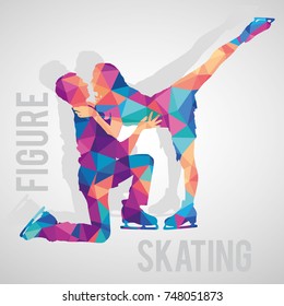 Figure skaters couple polygonal silhouettes. Multicolored polygonal detailed vector silhouettes of figure skaters.