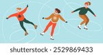 Figure skaters on ice rink. Winter traditional outdoor activity. Colorful vector illustration in trendy style.