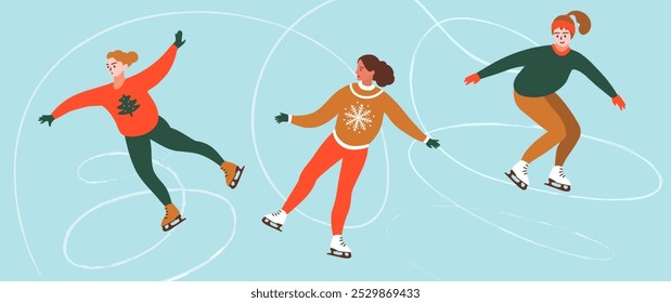 Figure skaters on ice rink. Winter traditional outdoor activity. Colorful vector illustration in trendy style.