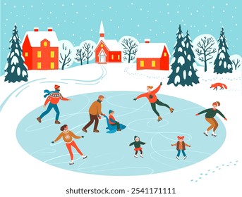 Patinadores de imagem na pista de gelo em Cute Winter City. Ilustração de vetor em estilo retrô da moda. Fundo de inverno. Modelo de design de cartaz e cartão de Natal