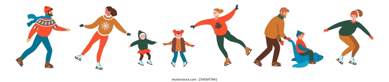 Figure Skaters. People. Winter Sport set. Vector illustration in Trendy Retro Style