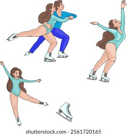 Figure skaters performing, featuring a male and female pair gliding, solo female poses in teal leotard, and a detailed ice skate vector illustration. Bold lines, vibrant colors, minimal shading.