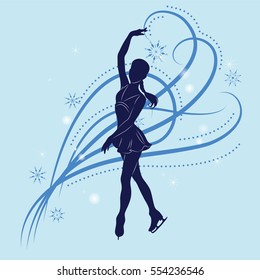 The figure skater's silhouette on a blue background from patterns and snowflakes. Vector illustration