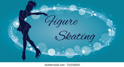 The figure skater's silhouette on a blue background from patterns and elements. Vector illustration