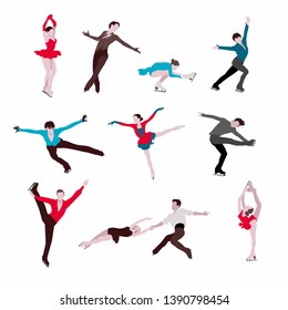 Figure skaters silhouettes on white backgrounde. Winter sport illustration. Athletes in motion vector images. Elements of figure skating.
