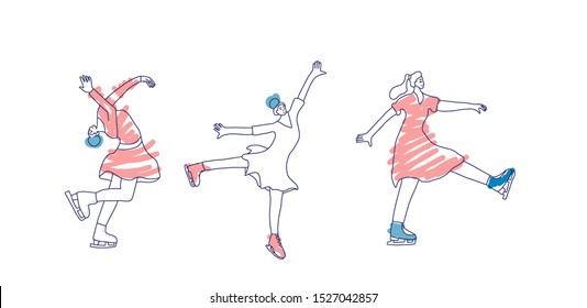 Figure skaters. Woman characters isolated on white background. Group of athletes in doodle style. Vector illustartion.