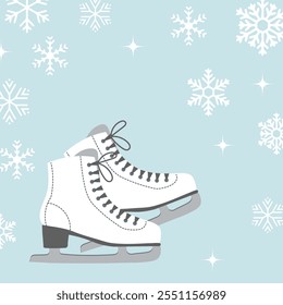 Figure skates on a blue background with snowflakes. Winter sport. Flat illustration, postcard