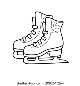 Figure skates with ornament, winter sports shoes. Ice skating equipment. Outline illustration. Vector isolated emblem for logo, coloring book, tattoo, print.