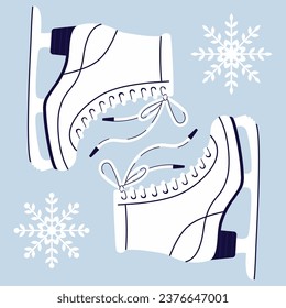 Figure skates for skating on ice cartoon vector illustration. Cute white skates with snowflake 