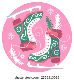 Figure skates for skating on ice cartoon vector illustration. Cute green skates on pink background