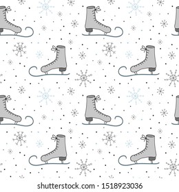 Figure skates and snowflakes on a white background. Seamless vector pattern.