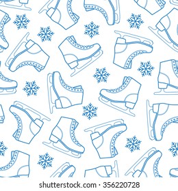 Figure skates and snowflakes on a white background. Seamless vector pattern.