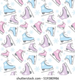 Figure skates and snowflakes on a white background. Seamless vector pattern.