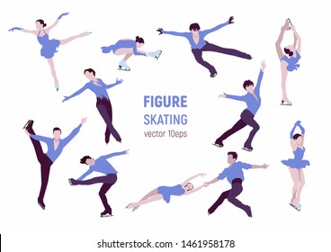 Figure skating. Athletes silhouettes on white backgrounde. Winter sport illustration.  People in motion vector images. Elements of figure skating.
