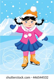 Figure skating in the background of mountains. Cartoon girl in winter clothes for sports.