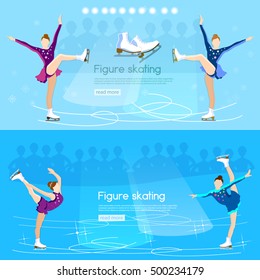 Figure skating banner ice dancing winter figure skating sport cute girl training on ice vector illustration 