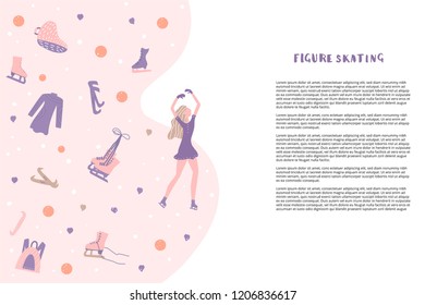 Figure skating banner  template with space for text.  Sports equipment and girl athlete. Vector illustration.