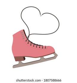 Figure skating boot or shoe with lacing heart. Hobby, recreation on vacation, love to winter skate. Vector illustration in retro colors.