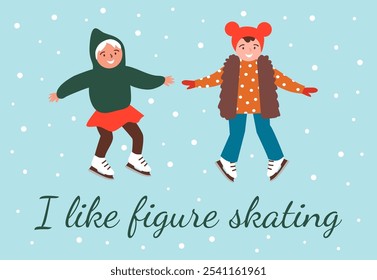 Figure skating card and poster template. Cute Children on the ice rink. Kids clipart. Vector illustration in Trendy Retro Style