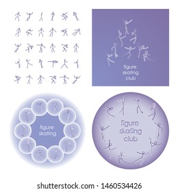 Figure skating club. Set of elements, backgrounds, cards, emblems for decoration. Various dance poses, collection of stick figures. Set stickman pictogram icons