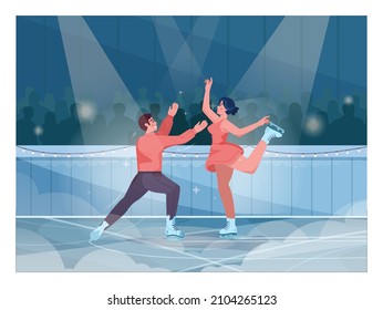 Competencia de patinaje artístico. Hermosa pareja con traje, traje y patines de hielo. Campeón profesional. Ilustración vectorial plana.