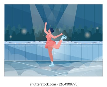 Figure skating competition. Beautiful girl wearing dress and ice skates. Professional championship. Flat vector illustration.