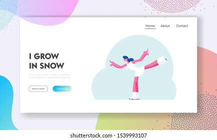 Figure Skating Competition Website Landing Page. Sportswoman Performing Individual Solo Program for Show Dancing on Ice Rink. Winter Sport Exercising Web Page Banner. Cartoon Flat Vector Illustration