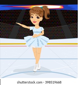Figure skating competitions among fans. Teenager girl dancing on the ice rink