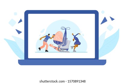 Figure skating concept. Couple of atletes on the rink and sport equipment on laptop screen. Huge pair of ice skates and tiny sportsmen dancing at sports arena. Vector flat illustration.