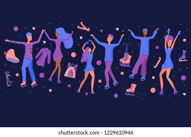 Figure skating concept. Group of  peopleon skaters with decoration. Vector illustration.