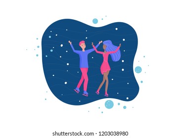 Figure skating concept. Pair on night ice rink. Vector illustration.