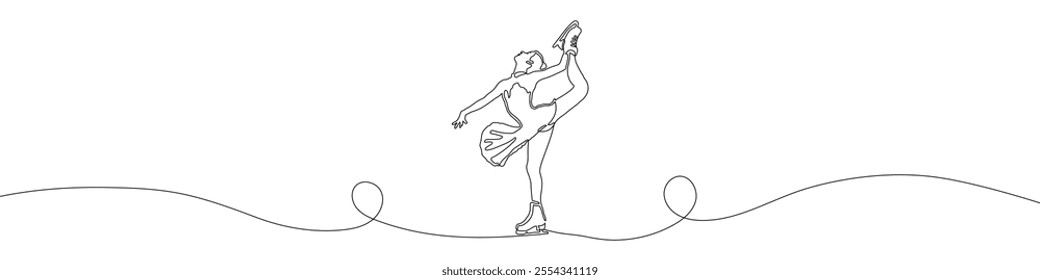 Figure skating continuous line drawing vector illustration. Woman, girl figure skater performs a spin. Winter sport