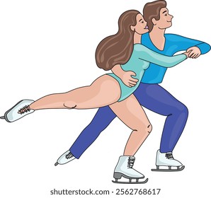 Figure skating couple in elegant synchronized motion, wearing blue outfits, showcasing balance and artistry on ice vector illustration. The female skater is lifted slightly as they glide together.