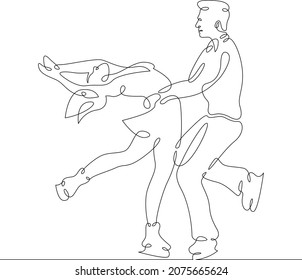 Figure skating. Dancing couple on ice. Ice dance. Portrait of woman and man figure skaters. Winter sports. One continuous line .One continuous drawing line logo isolated minimal illustration.