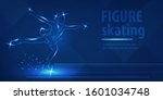 Figure skating dancing on ice. Blue neon horizontal banner. Olympic winter sport. Ice woman dancing girl action. Ladies figure skating. Ice show. Action blue neon winter sport vector background.