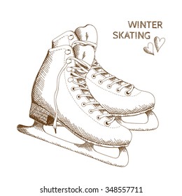 Figure Skating design element. Vector poster with figure skates isolated on the white background. Hand drawn vector illustration.