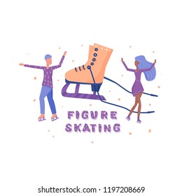 Figure skating emblem. Creative handwritten lettering with decoration. Sports motivation inscription. 