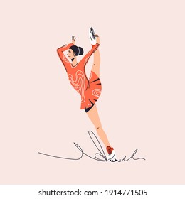 Figure skating flat cartoon illustration. Woman on ice, female gymnast banner design. Beautiful lady doing performance printing card.
