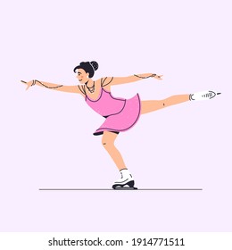 Figure skating flat cartoon illustration. Woman on ice, female gymnast banner design. Beautiful lady doing performance printing card.