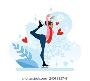 Figure skating. The girl is skating on the ice with her leg raised high. A postcard of the winter season. A sports walk in the fresh air. Flat vector illustration in cartoon style