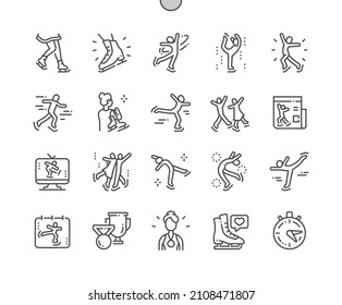 Figure skating. Girl with skates. Winter sport. Champion. Pixel Perfect Vector Thin Line Icons. Simple Minimal Pictogram