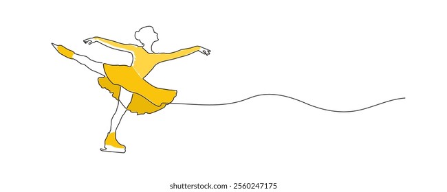 Figure skating or ice dance continuous line drawing vector illustration. Woman, girl figure skater. Girl skating on the ice. Winter sport