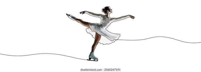 Figure skating or ice dance continuous line drawing colourful vector illustration. Woman, girl figure skater. Girl skating on the ice. Winter sport