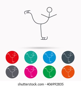 Figure skating icon. Professional winter sport sign. Linear icons in circles on white background.