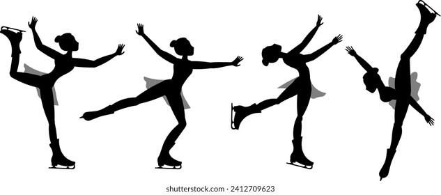 Figure skating. Illustrated winter sports. Silhouettes of women skating. Elements of figure skating.